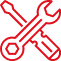 Red crossed wrench and screwdriver icon symbolizing reliable maintenance and service.